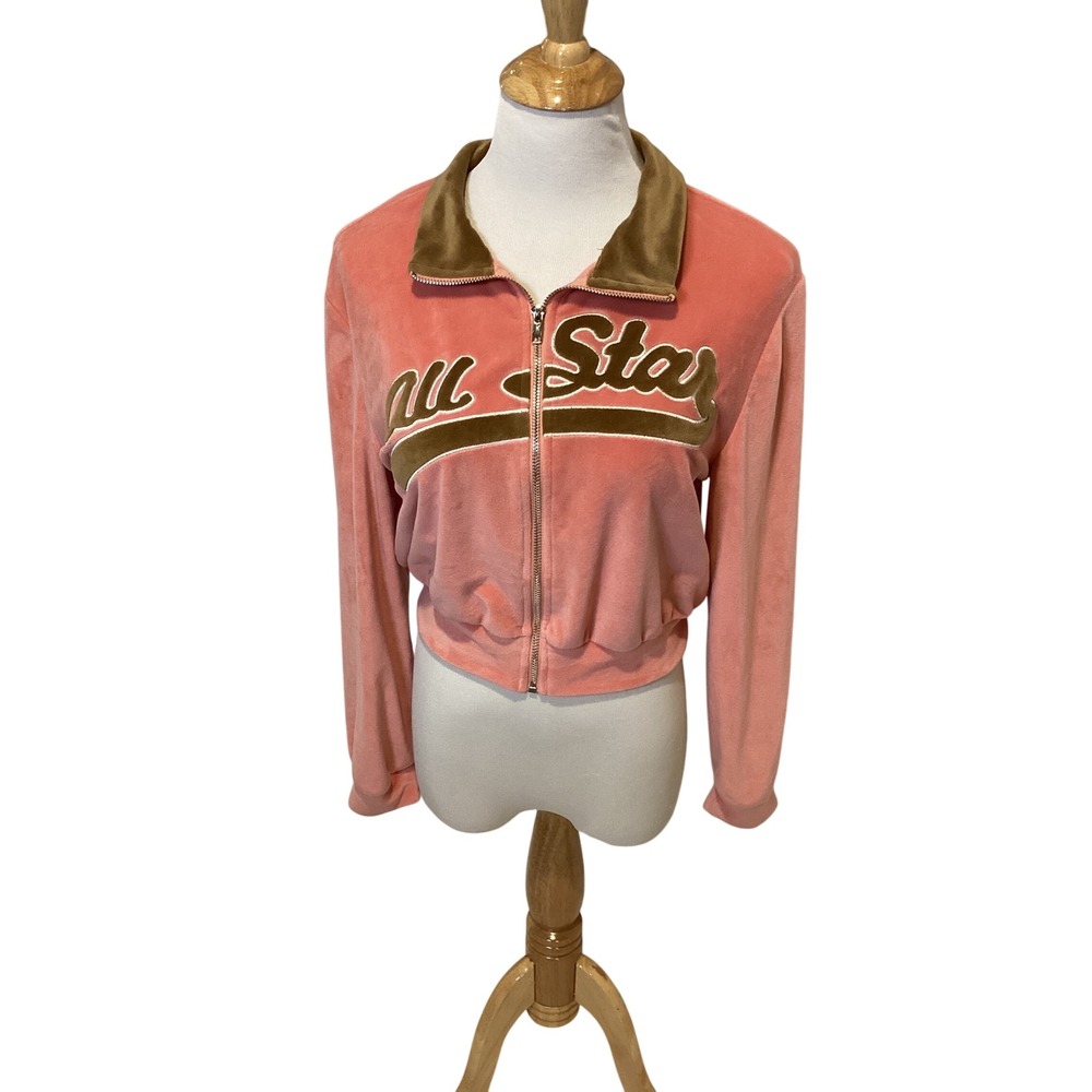 SHEIN Pink Velour Cropped Track Jacket All Star Graphic Zip Up‎ Women's Size S